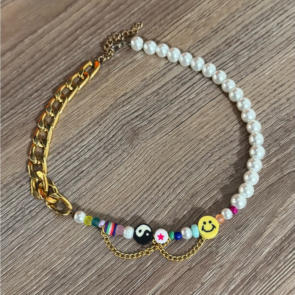 Pearl and Gold Chain Necklace with Colorful Beads